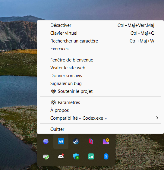 Icône AZERTY Global dans la barre des tâches avec menu contextuel