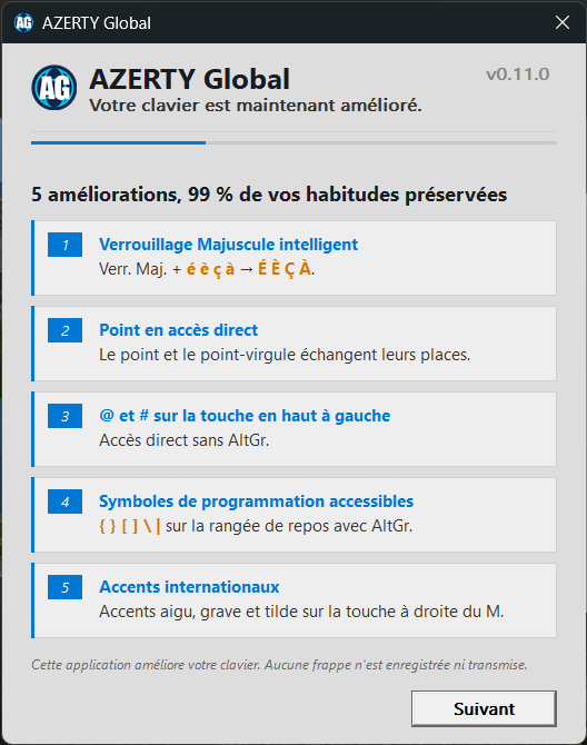 Fenêtre d'accueil AZERTY Global au premier lancement